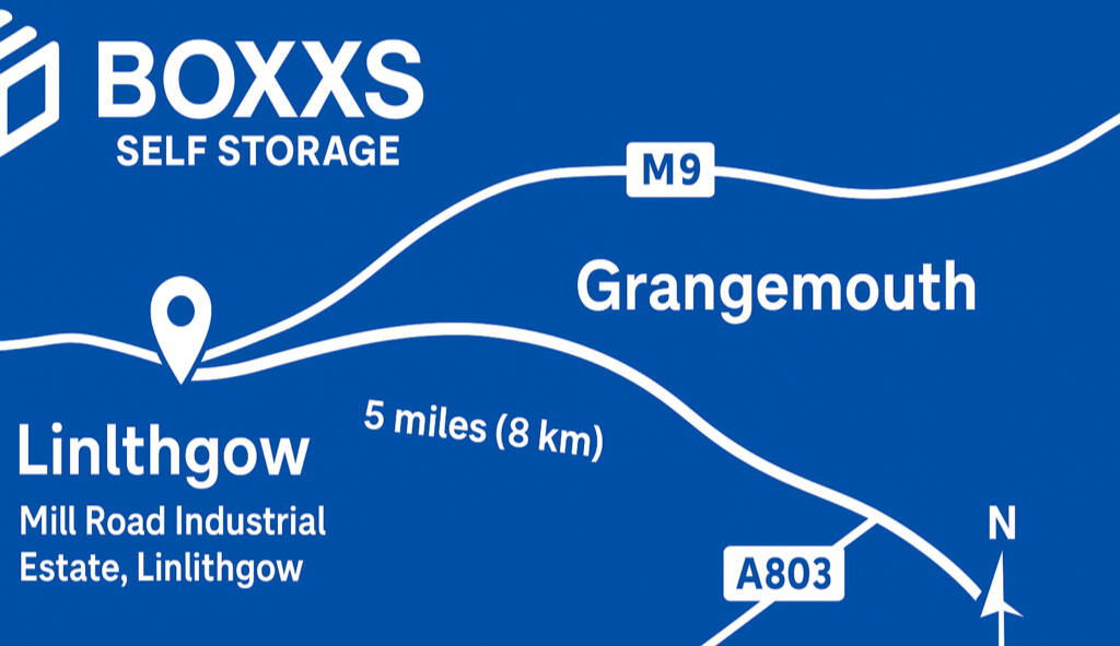 Map showing Boxxs Self Storage just 10 minutes from Bo’ness Simple map showing Boxxs Self Storage at Mill Road Industrial Estate in Linlithgow, located just 10 minutes from Polmont