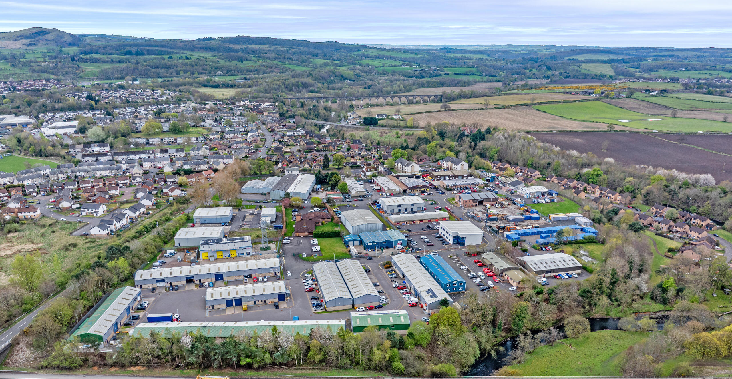 Aerial view of Mill Road Industrial Estate in Linlithgow Aerial photo of Mill Road Industrial Estate in Linlithgow, home to Boxxs Self Storage serving West Lothian and Falkirk customers