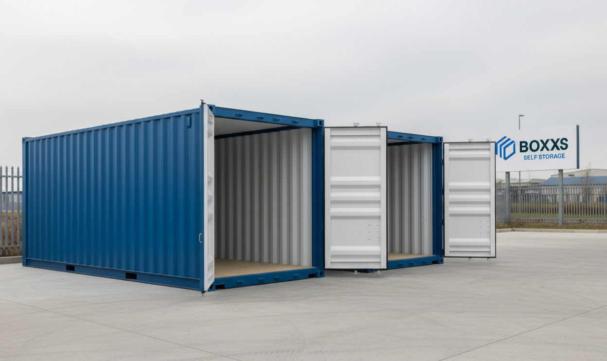 Alternate angle of two Boxxs self storage containers with doors open in Linlithgow Alternate view of two Boxxs self storage containers with open doors at the Linlithgow site, offering secure and flexible storage
