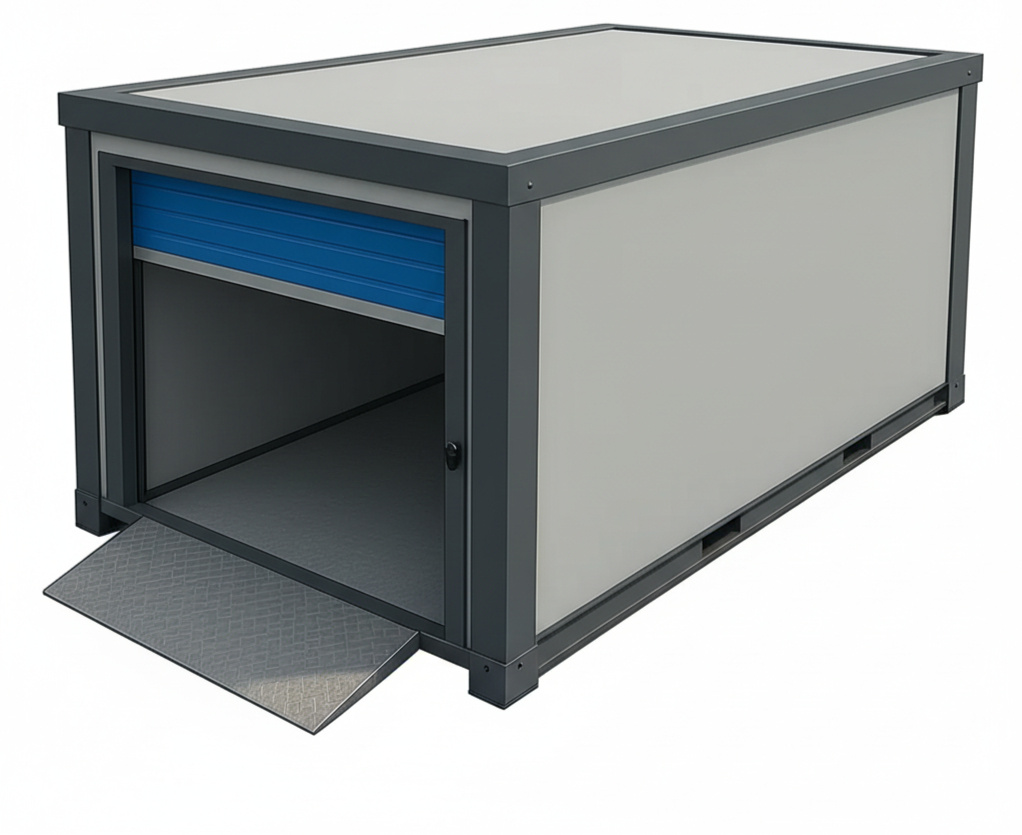 Alternate angle of Stronghold X7 insulated self storage unit in Linlithgow Alternate view of the Stronghold X7 insulated self storage unit at Boxxs Linlithgow, equivalent to a 20ft shipping container.