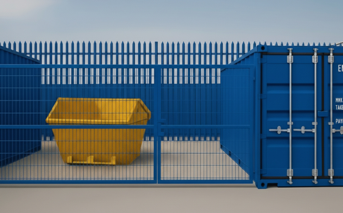 Boxxs Micro Yard with 20ft container and yellow skip in secure yard Boxxs Micro Yard in Linlithgow showing a 20ft self storage container with a yellow skip in the fenced yard, ideal for trades and businesses.